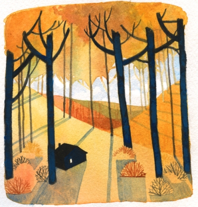 serena malyon illustration art doodle landscape watercolour fall autumn trees yellow red cabin alberta